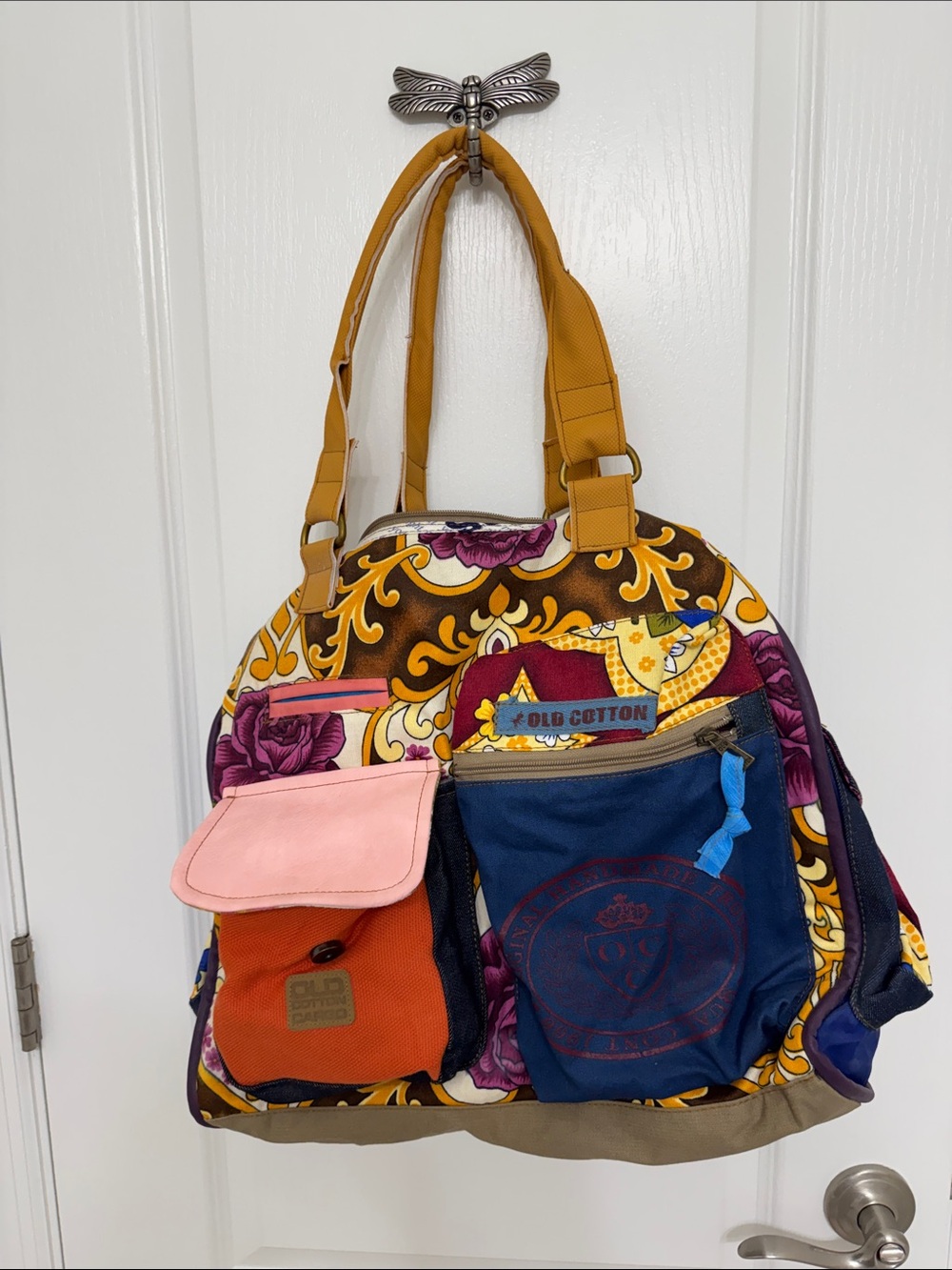 Colorful Floral Patchwork Tote Bag with Mustard Handles